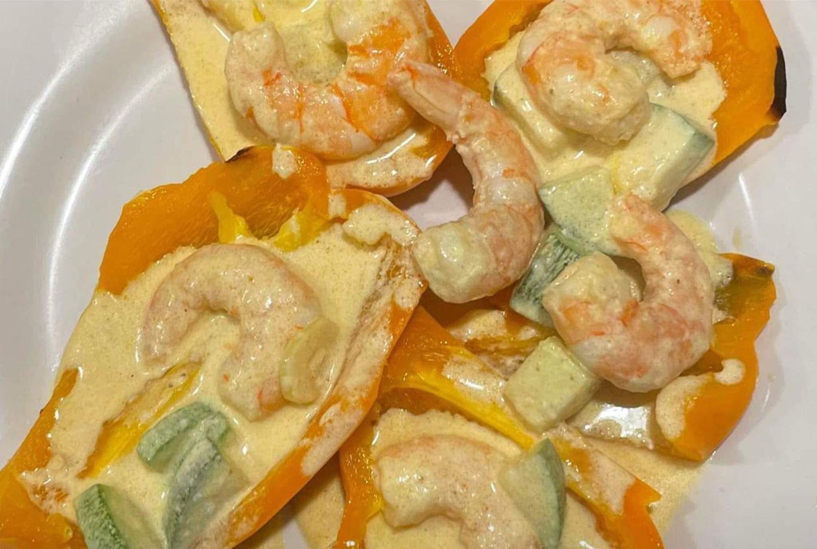 Shrimp with butternut squash in creamy sauce — seasonal Baja cuisine